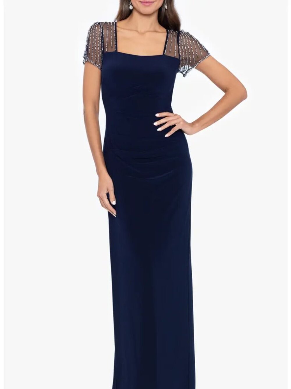Betsy & Adam Faraj Rhinestone Sleeve Detail Column Gown - Navy/Silver Sz: 14